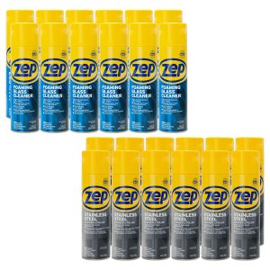 Zep Foaming Glass Cleaner - Aerosol Streak-Free Shine - 19 oz (Case of 12) with Zep Stainless Steel Cleaner and Polish - 14 oz (Case of 12) Bundle