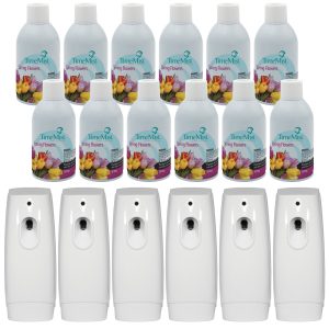 TimeMist Premium Metered Air Freshener Refills. Spring Flowers (Case of 12) with TimeMist Metered Aerosol Fragrance Dispenser Bundle