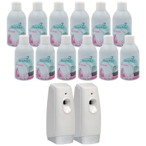 TimeMist Premium Metered Air Freshener Refills. Baby Powder (Case of 12) with Meter Mist 3000 Ultra Dispenser (2 Pack) Bundle