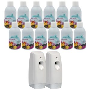 TimeMist Premium Metered Air Freshener Refills. Spring Flowers (Case of 12) with Meter Mist 3000 Ultra Dispenser (2 Pack) Bundle