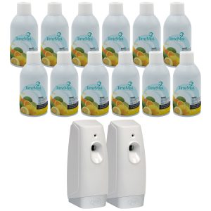 TimeMist Premium Metered Air Freshener Refills. Citrus (Case of 12) with Meter Mist 3000 Ultra Dispenser (2 Pack) Bundle