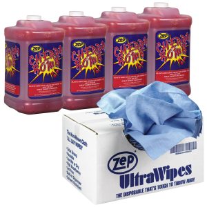Zep Cherry Bomb Hand Cleaner and Zep Ultra Wipes Shop Towels Bundle - 1 Gal