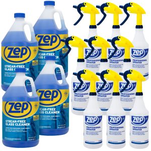 Streak-Free Glass Cleaner (Case of 4) + Zep Professional Sprayer Bottle - 32 oz (Case of 9) Bundle